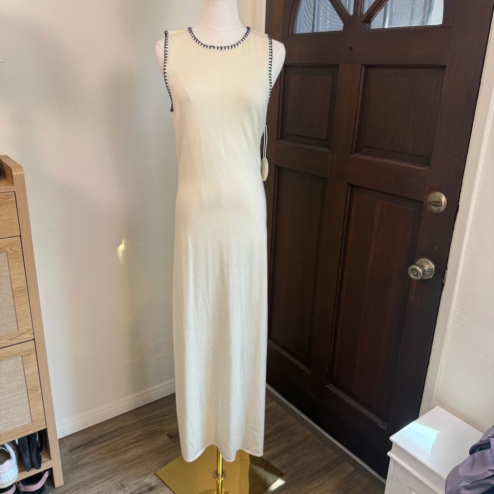 STAUD Wentworth Dress Maxi Wool Blend Knit Maxi | Ivory & Navy | Size Medium NWT
